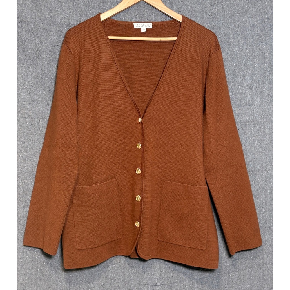 J.Crew Womens Giselle Wool Blend V-Neck Cardigan Gold Crest Buttons Brown Sz L